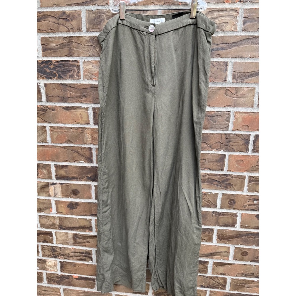 HM Womens Olive Green Linen Blend Wide Leg High Rise Size 14 Relaxed Trousers‎